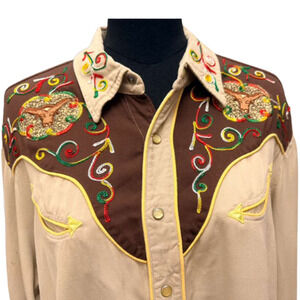 VTG H Bar C California Ranchwear Western Cowboy Shirt Longhorn Embroidered XL